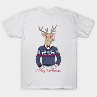 Hand Drawn Vector Illustration of Deer Hipster in Jacquard Sweater T-Shirt